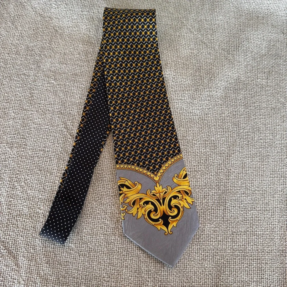 Vintage Gianni Versace 100%‎ Silk Tie Barocco Scroll & Geometric Honeycomb